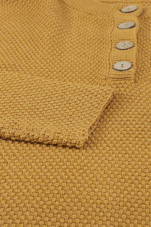 Henley Button Placket Side Slit Drop Shoulder Pullover Knit Sweater